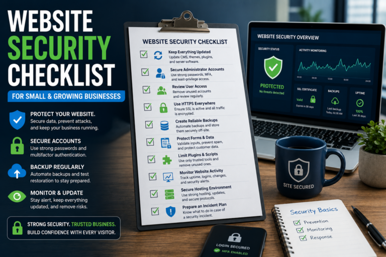 Website administrator reviewing a security checklist and monitoring website protection.