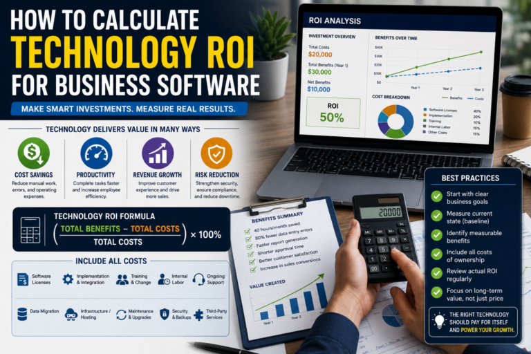 Business team calculating software investment returns using financial and performance data.