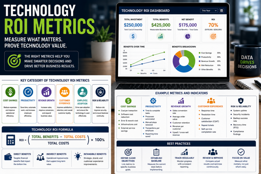 Business dashboard displaying technology ROI, productivity, cost savings, and revenue growth metrics.